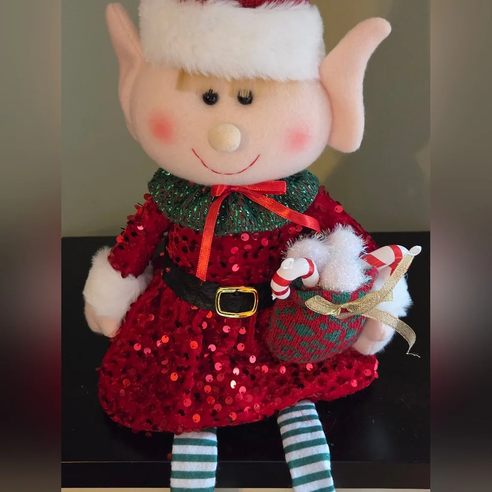 Jolly Girl Elf Plush Shelf Sitter Red Sequin Dress Candy Canes 23